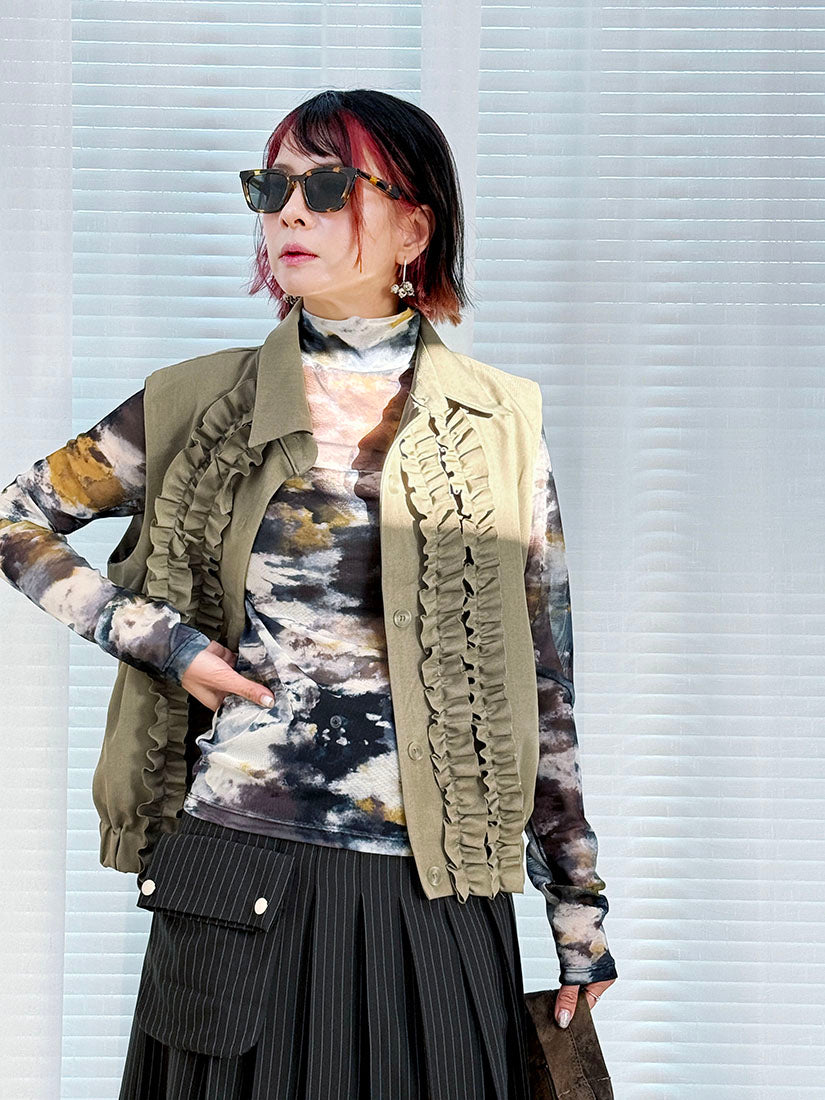 Ruffle Detail Stretchy Waist Vest Jacket (2 Colours)