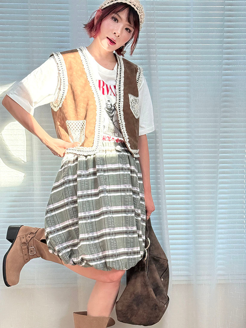 Drawstring Waist Plaid Bubble Skirt (2 Colours)