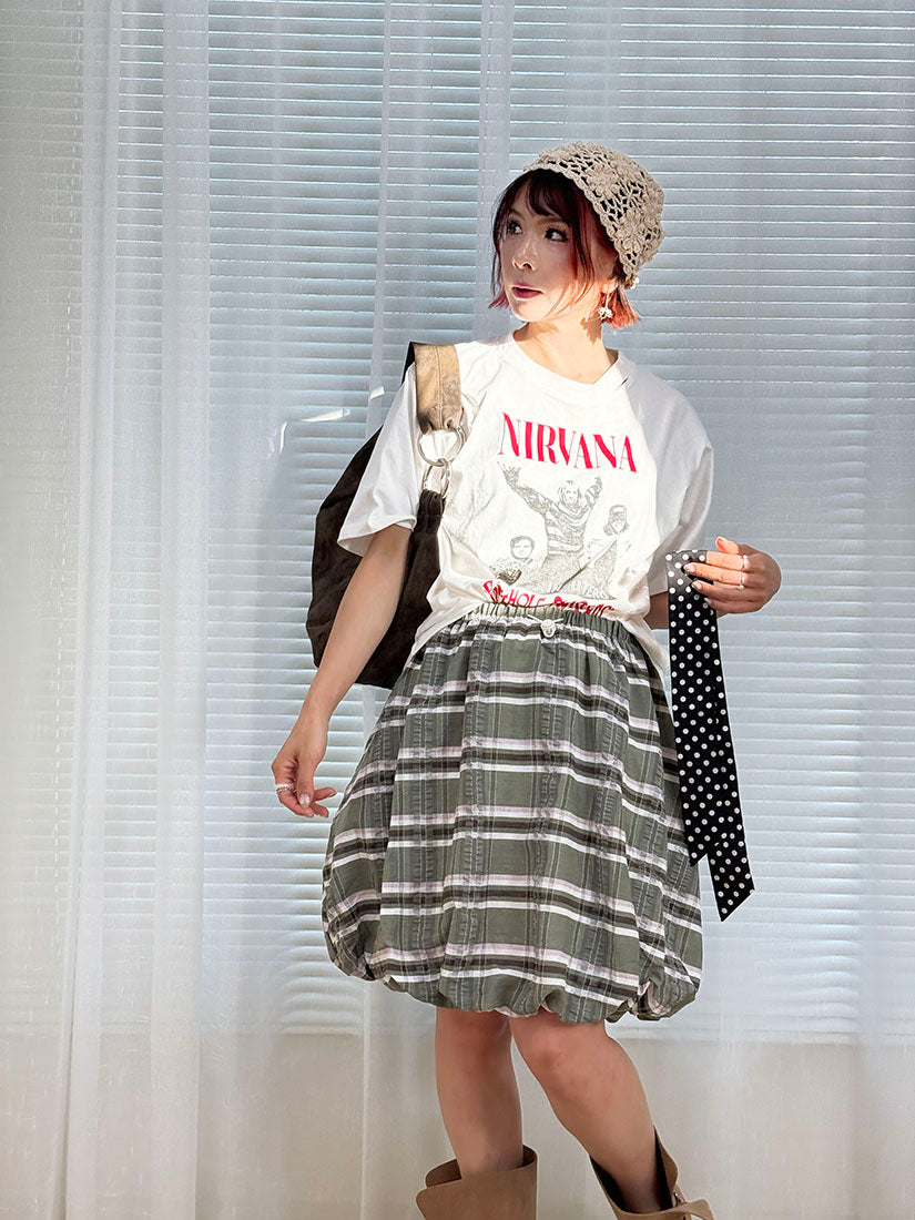 Drawstring Waist Plaid Bubble Skirt (2 Colours)