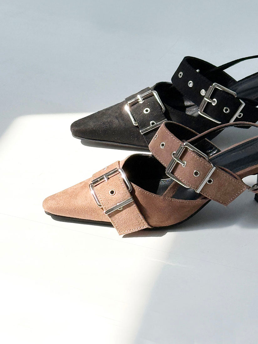 Buckle Suede Point Toe Mules (2 Colours)