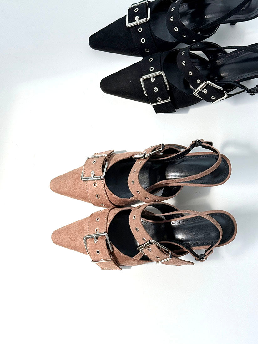Buckle Suede Point Toe Mules (2 Colours)