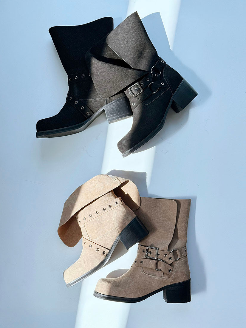 Leather Folded Suede Ankle Boots(2 Colours)