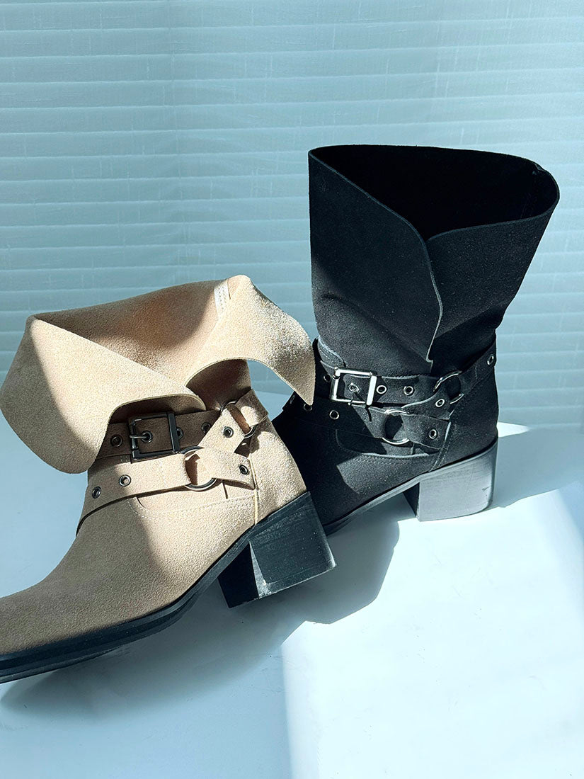Leather Folded Suede Ankle Boots(2 Colours)