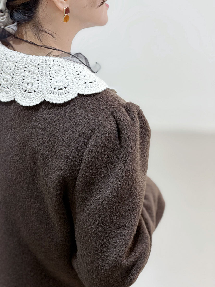 Crochet Collar Woollen Quilted Jacket (2 Colours)