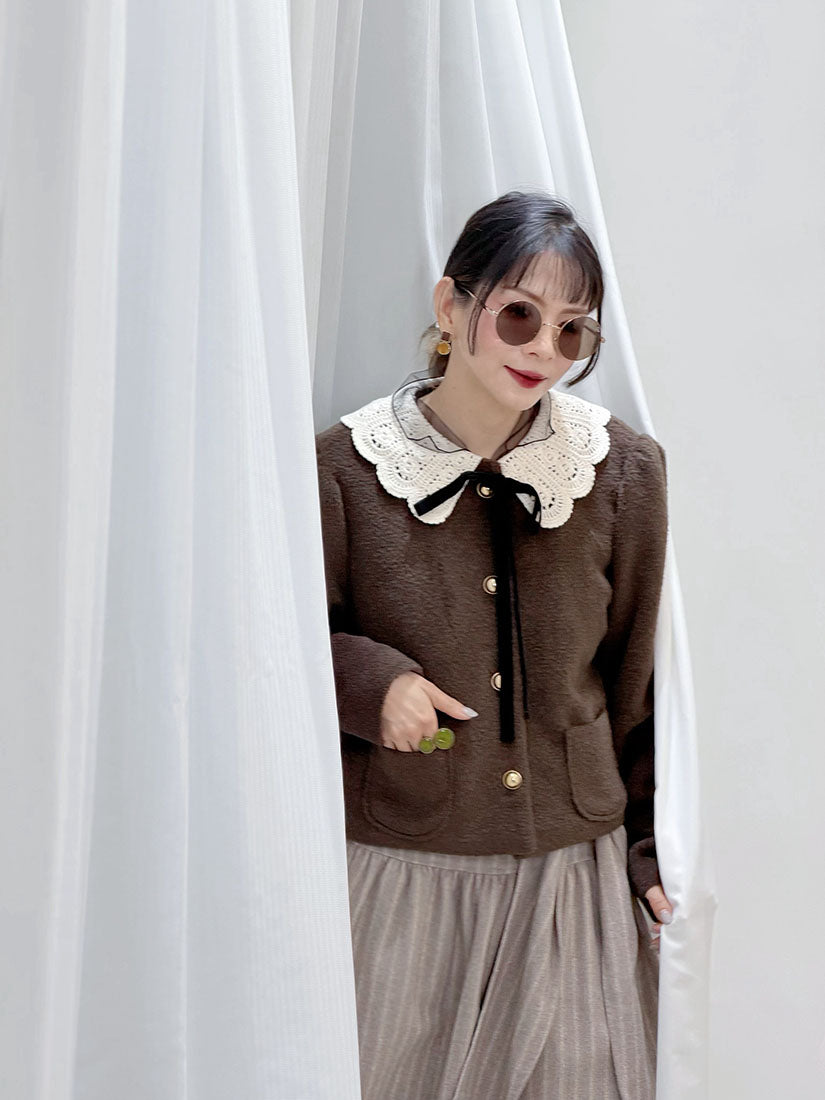 Crochet Collar Woollen Quilted Jacket (2 Colours)