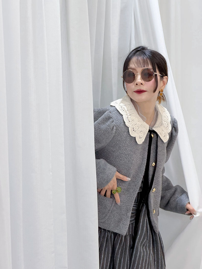 Crochet Collar Woollen Quilted Jacket (2 Colours)