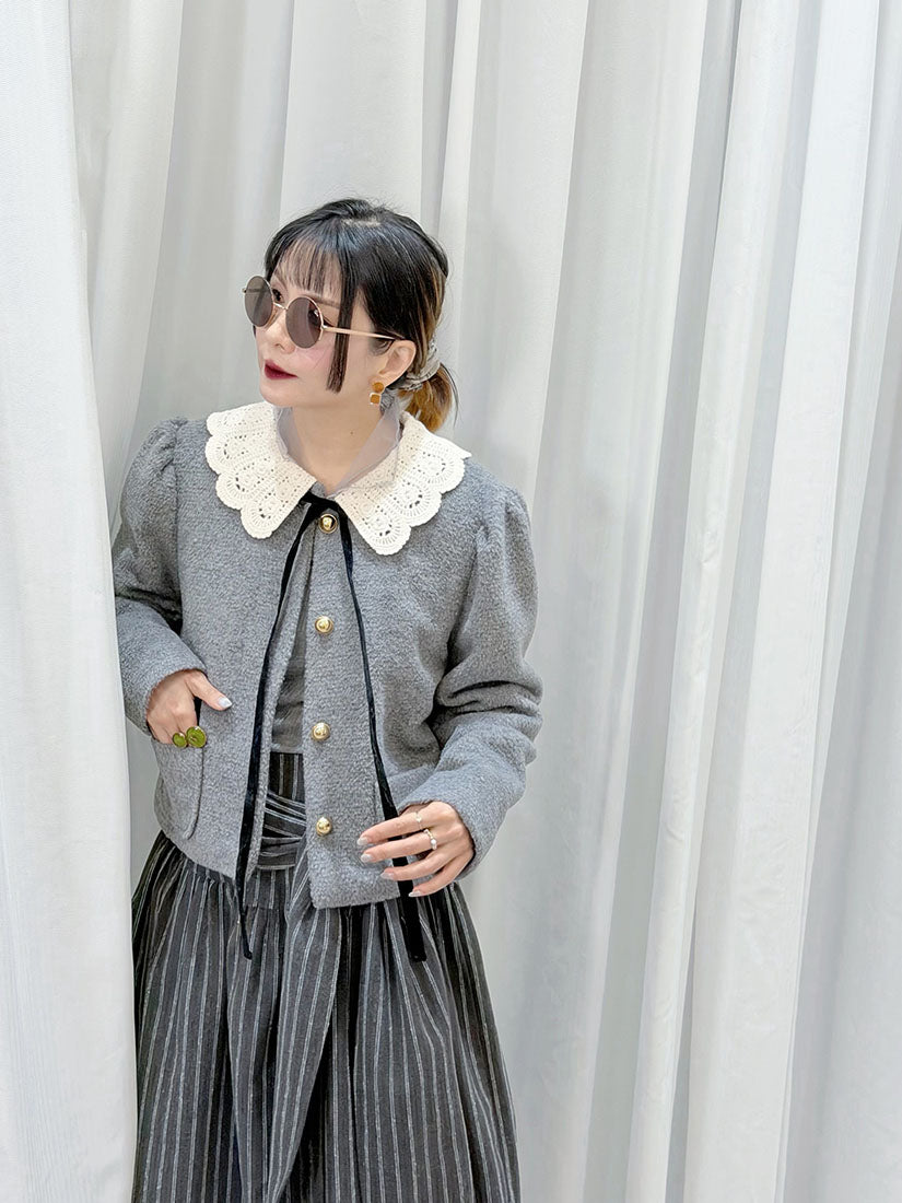 Crochet Collar Woollen Quilted Jacket (2 Colours)