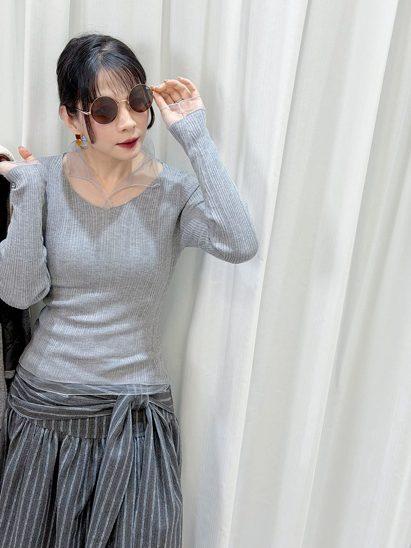 Mesh Trim Rib Knit Top (2 Colours)