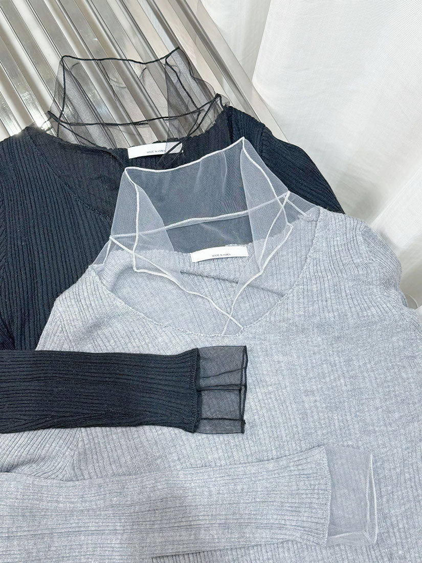 Mesh Trim Rib Knit Top (2 Colours)