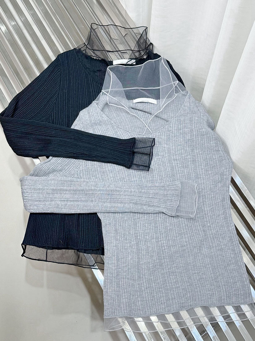 Mesh Trim Rib Knit Top (2 Colours)