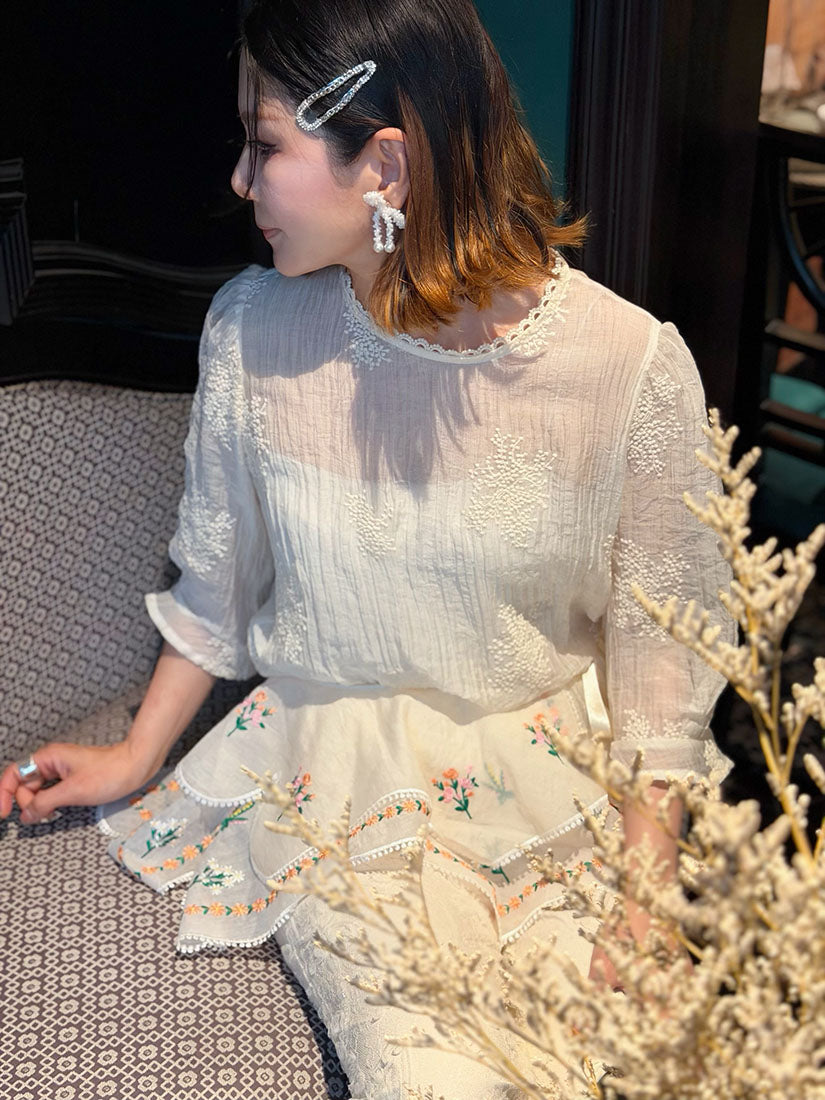 Semi-Sheer Embroidered Wrinkle Top