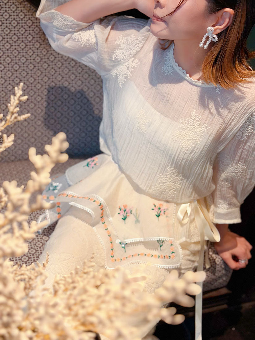 Semi-Sheer Embroidered Wrinkle Top