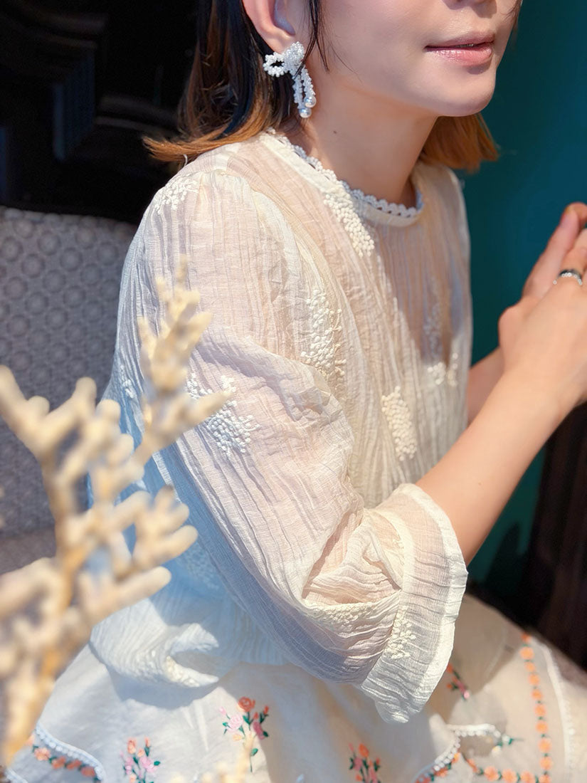 Semi-Sheer Embroidered Wrinkle Top