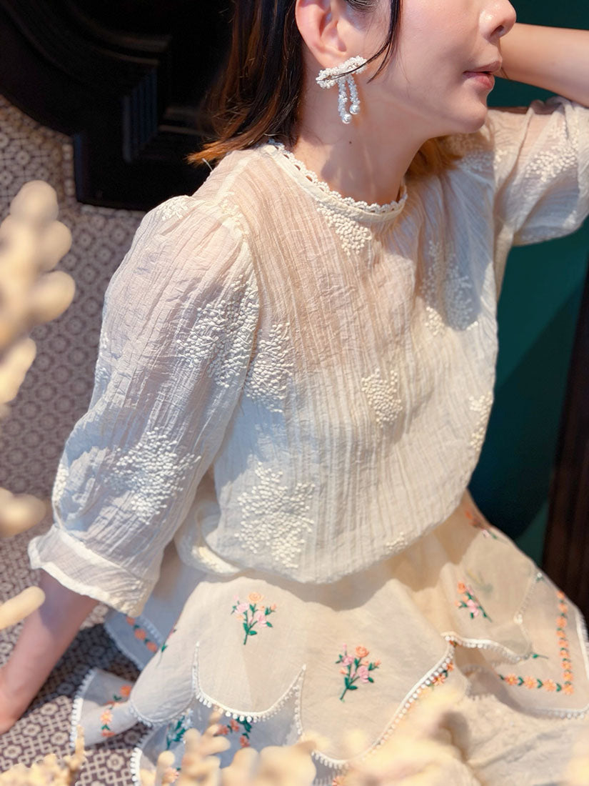 Semi-Sheer Embroidered Wrinkle Top