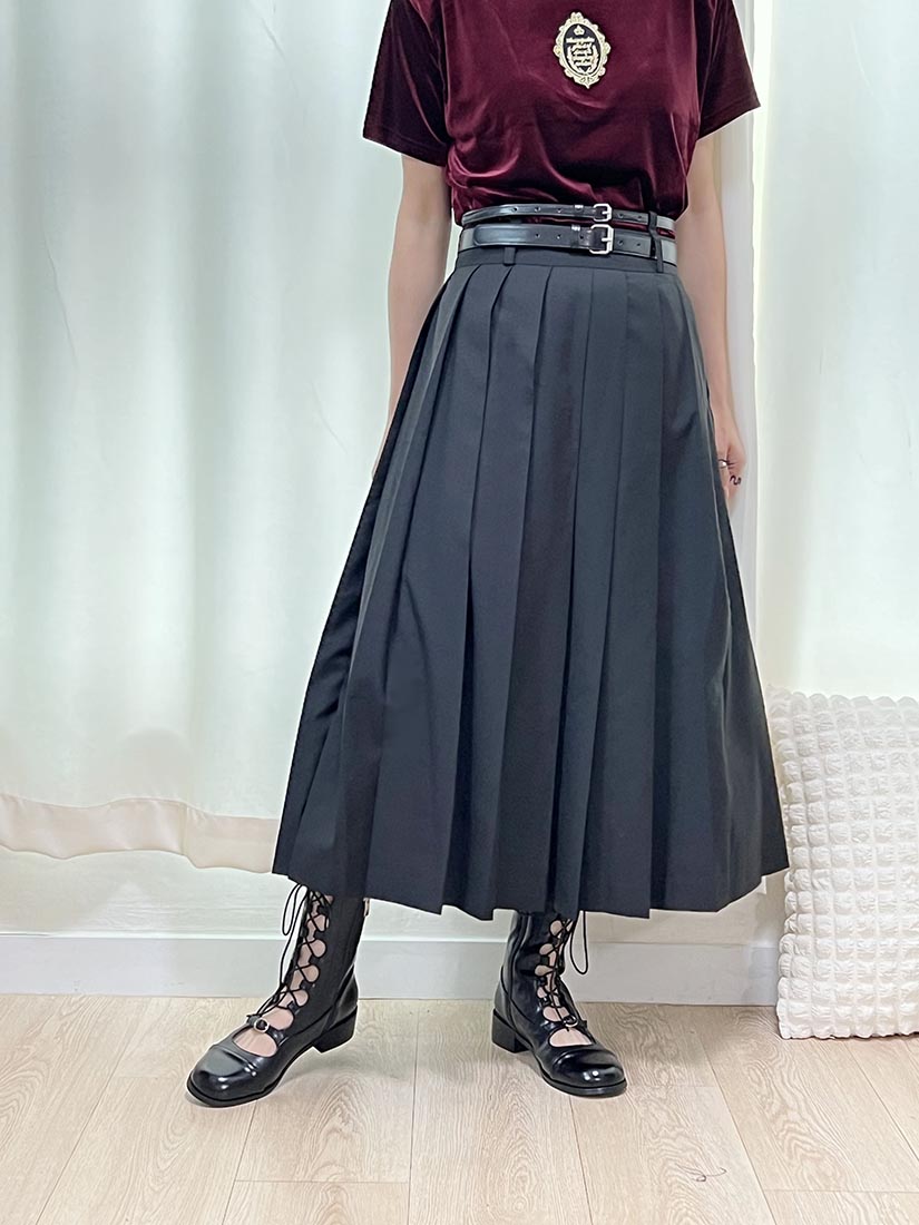 Double Belt Pleated Skirt