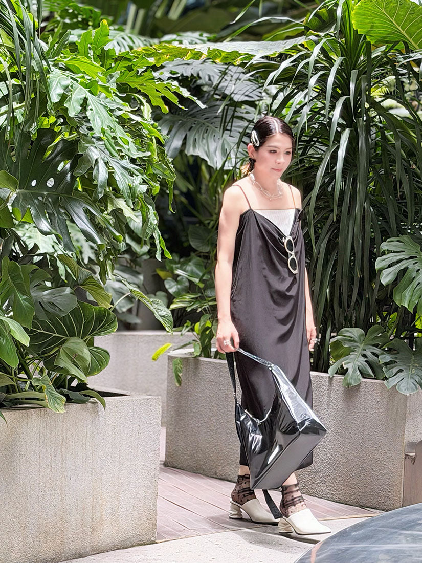 Drape Neck Striped Underlay Strap Dress