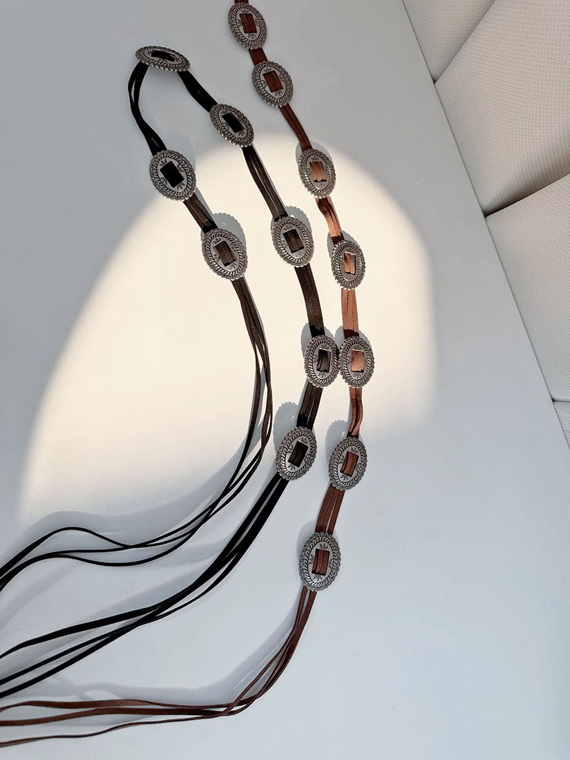 Antique Metallic Badge Suede String Belt (2 Colours)