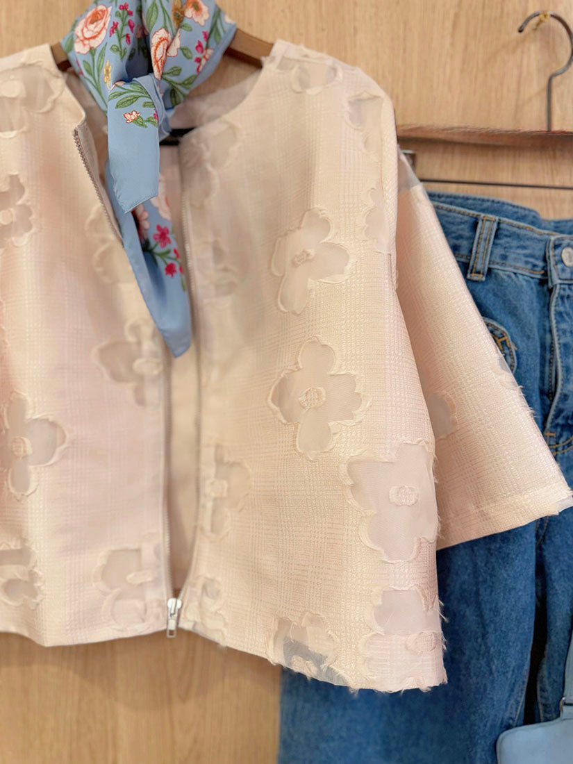 Flower Jacquard Zip Up Crop Top (2 Colours)