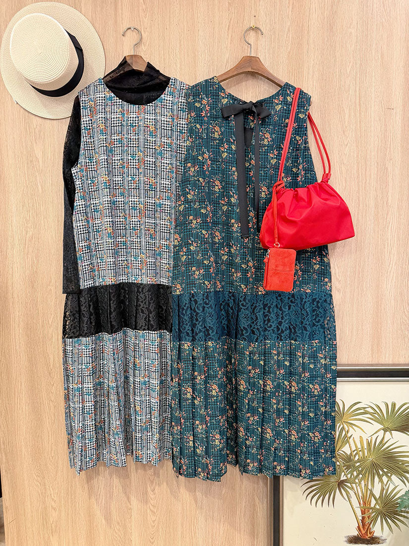 Floral Check Printed Pleated Hem Vest Dress (2 Colours)