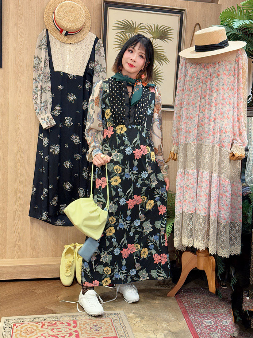 Lace Up Front Floral Printed Patch Block Dress (2 Colours)