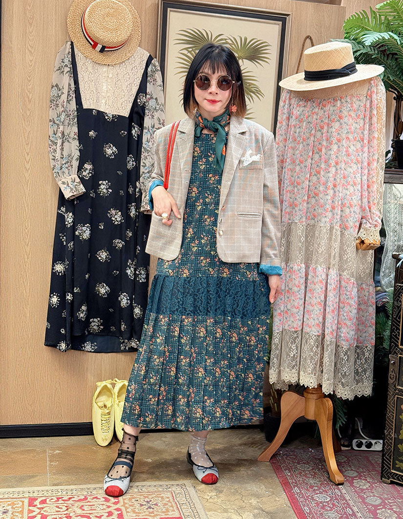 Floral Check Printed Pleated Hem Vest Dress (2 Colours)