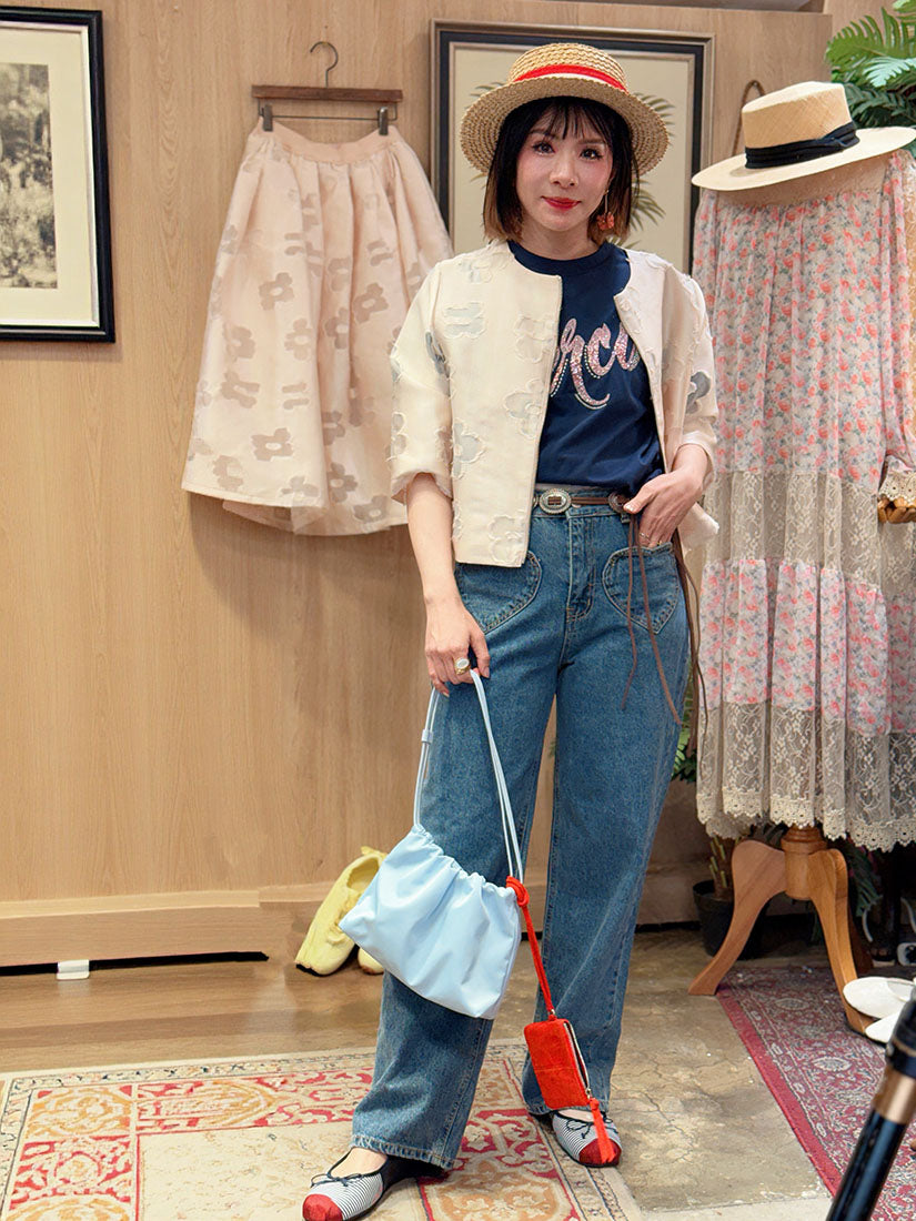 Flower Jacquard Zip Up Crop Top (2 Colours)