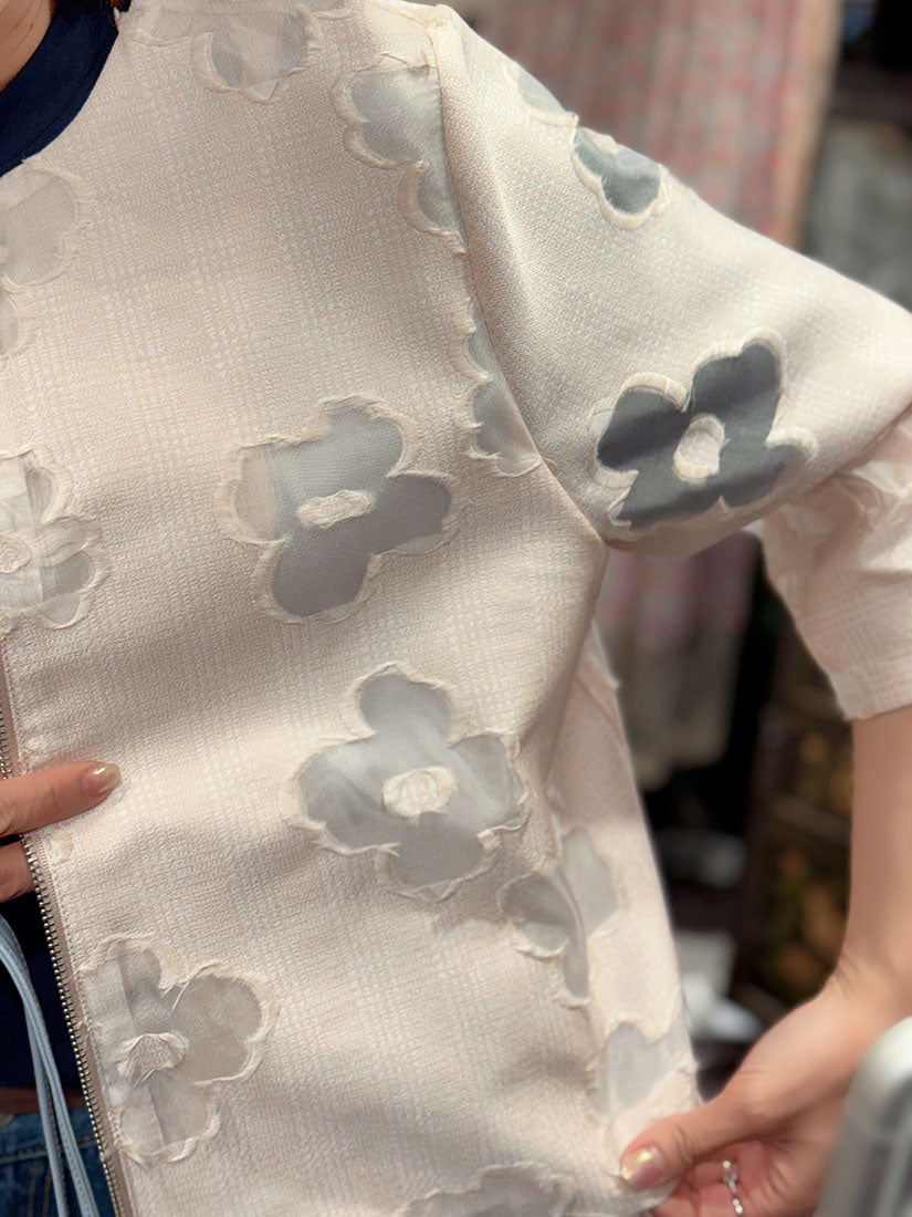 Flower Jacquard Zip Up Crop Top (2 Colours)