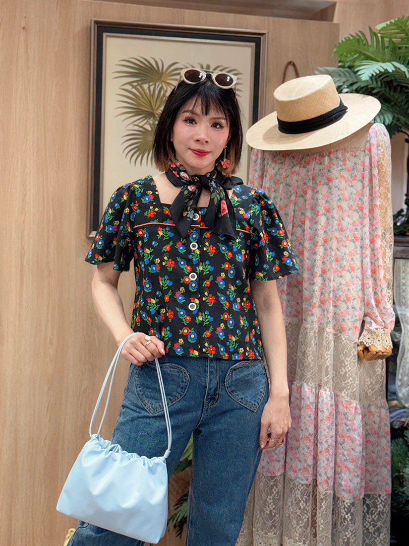 Piping Trim Floral Button Up Top