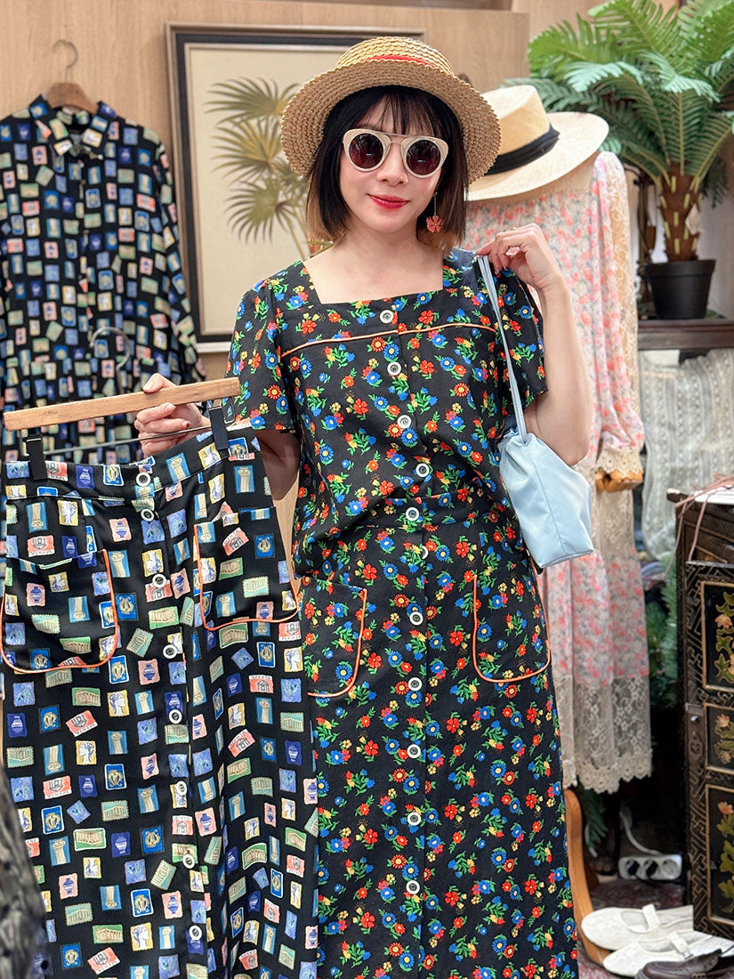 Piping Pockets Floral Button Up Skirt