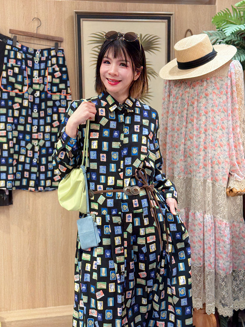 Stamp Printed Pleated Hem Shirt Dress