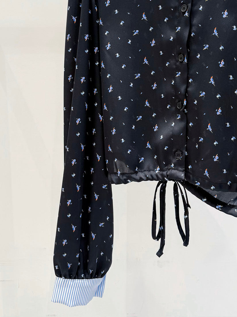 Drawstring Hem Striped Collar Floral Shirt