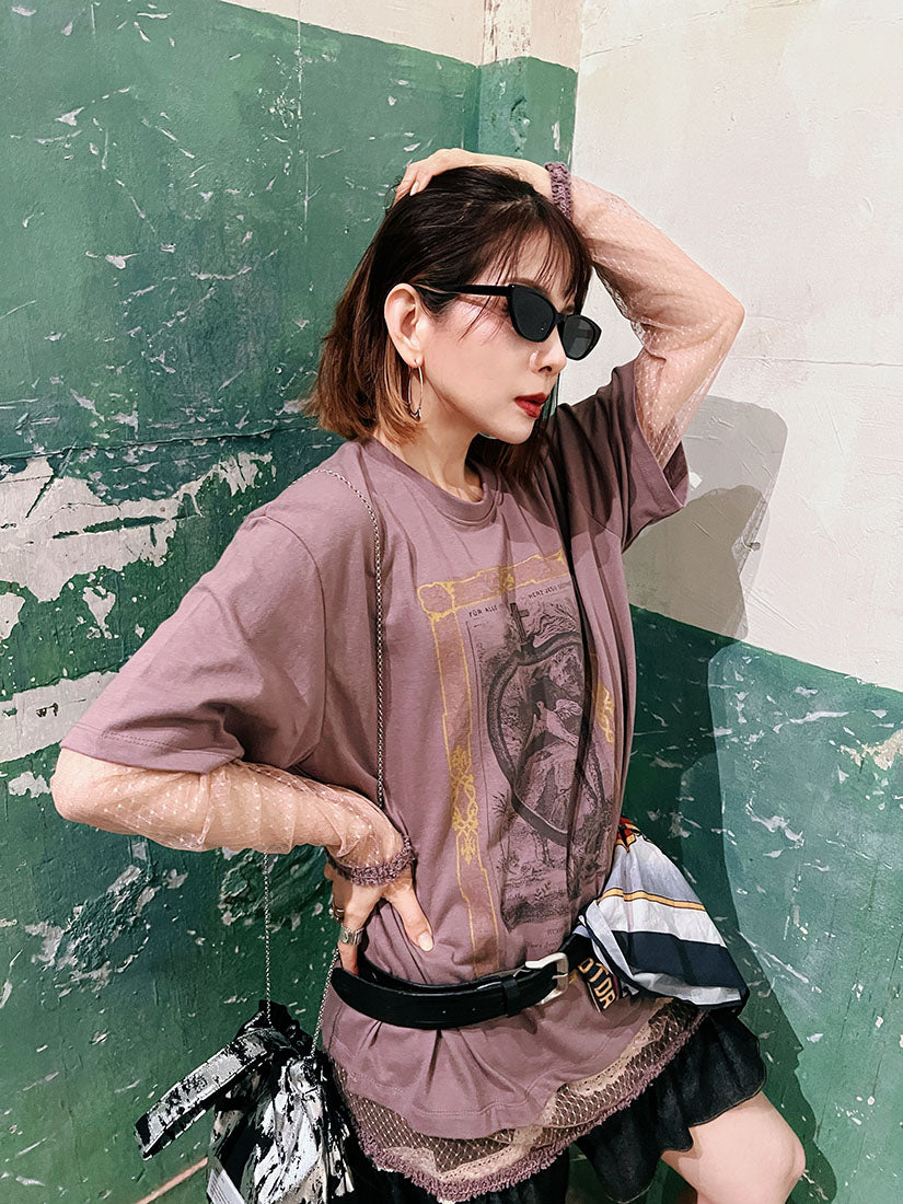 Antique Mesh Lace Trim Sleeve Print Tee (2 Colours)