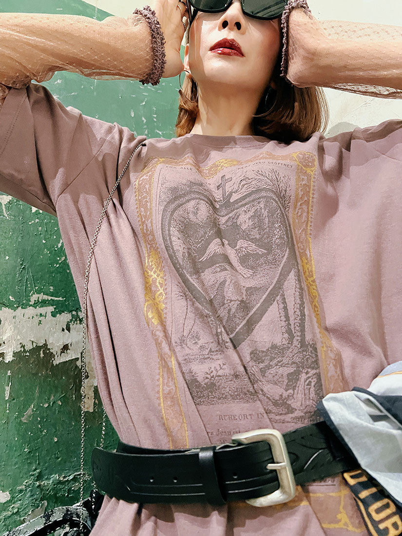 Antique Mesh Lace Trim Sleeve Print Tee (2 Colours)