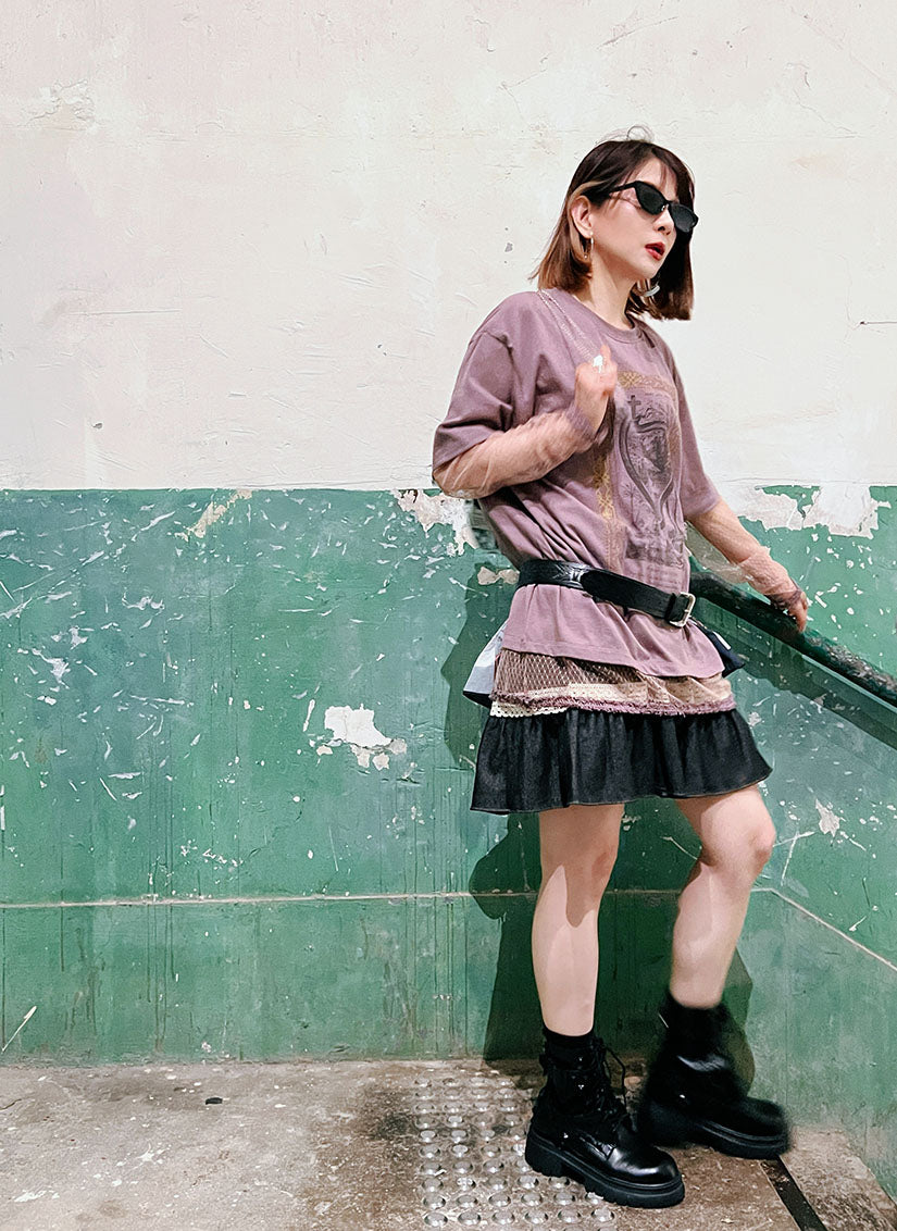 Antique Mesh Lace Trim Sleeve Print Tee (2 Colours)