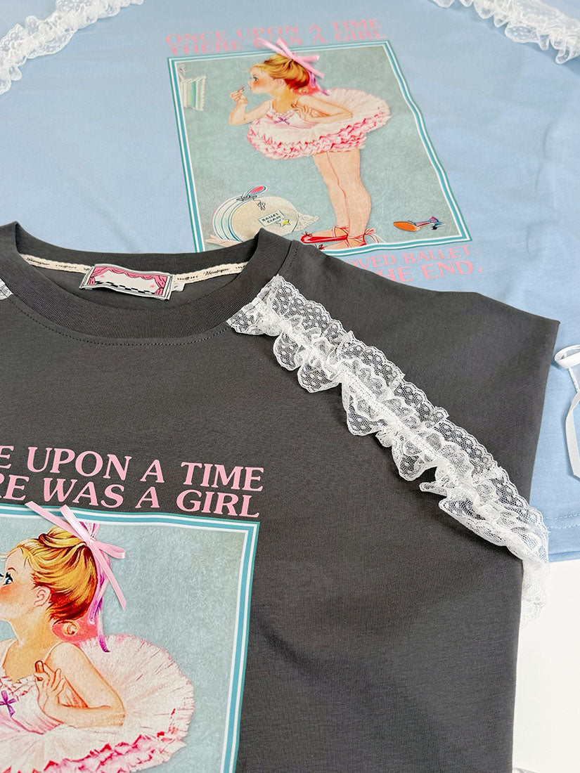 Lace Trim Little Ballerina Printed Tee (3 Colours)