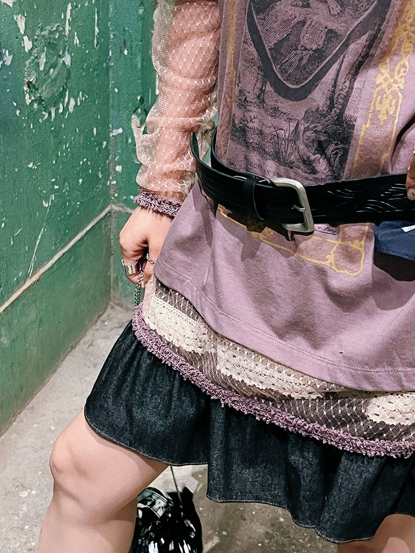 Antique Mesh Lace Trim Sleeve Print Tee (2 Colours)