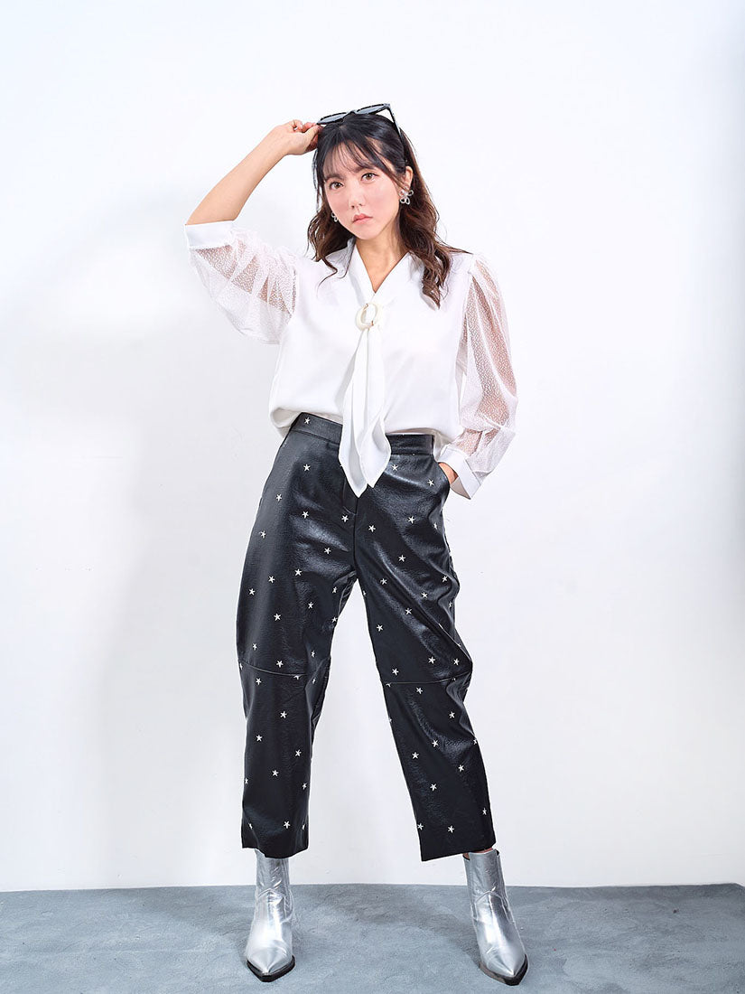 Star Embroidered Leather Pants