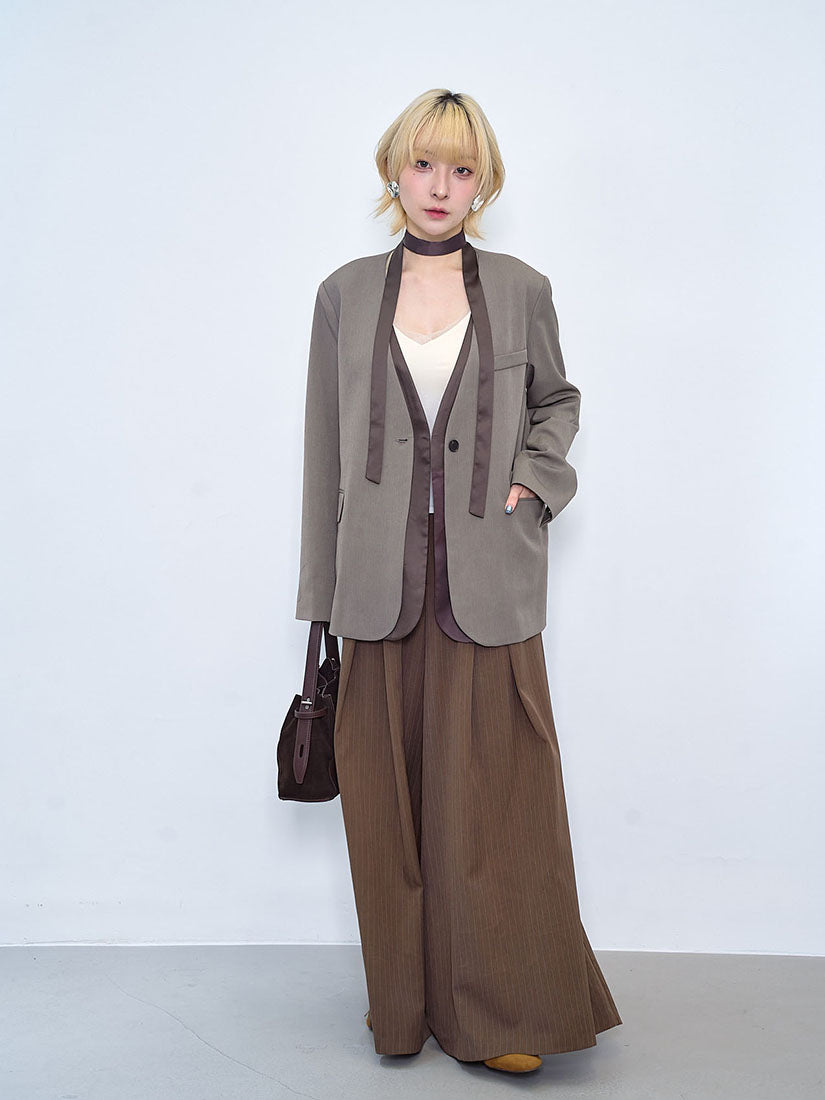 Layered Single Breasted Collarless Blazer With Twilly scarf (2 Colours)