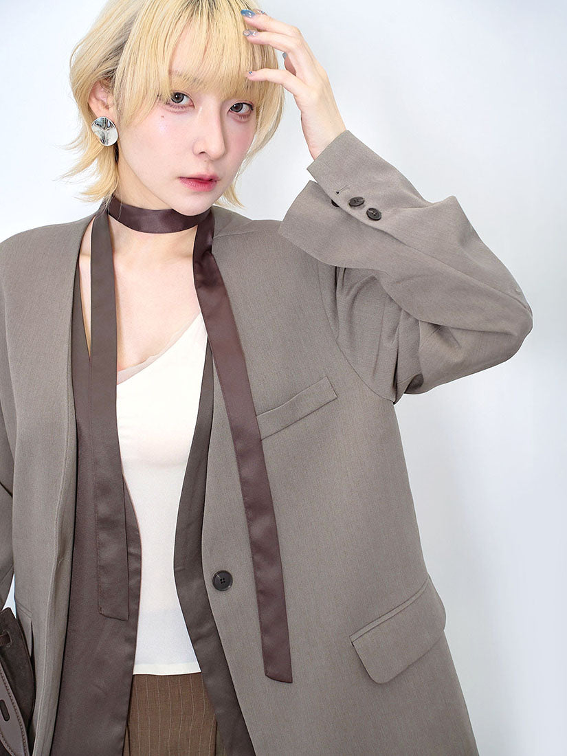 Layered Single Breasted Collarless Blazer With Twilly scarf (2 Colours)