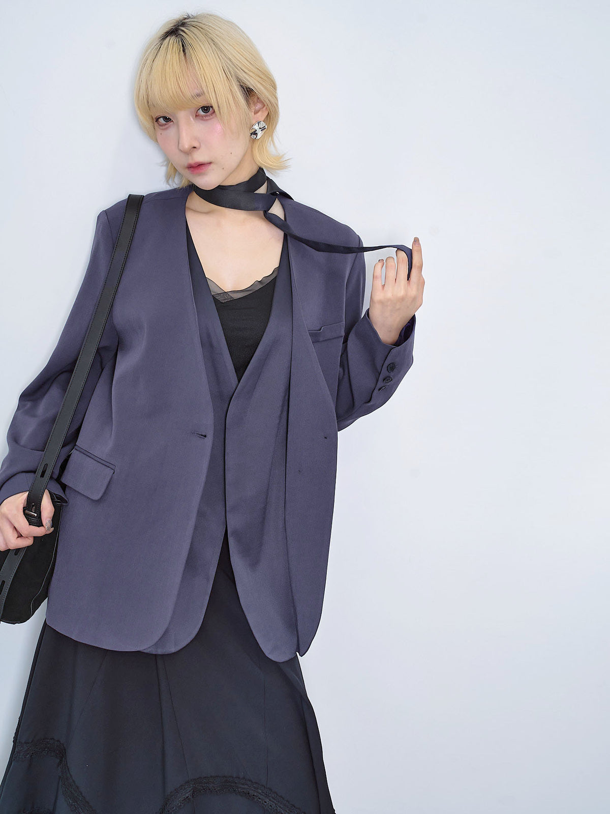 Layered Single Breasted Collarless Blazer With Twilly scarf (3 Colours)