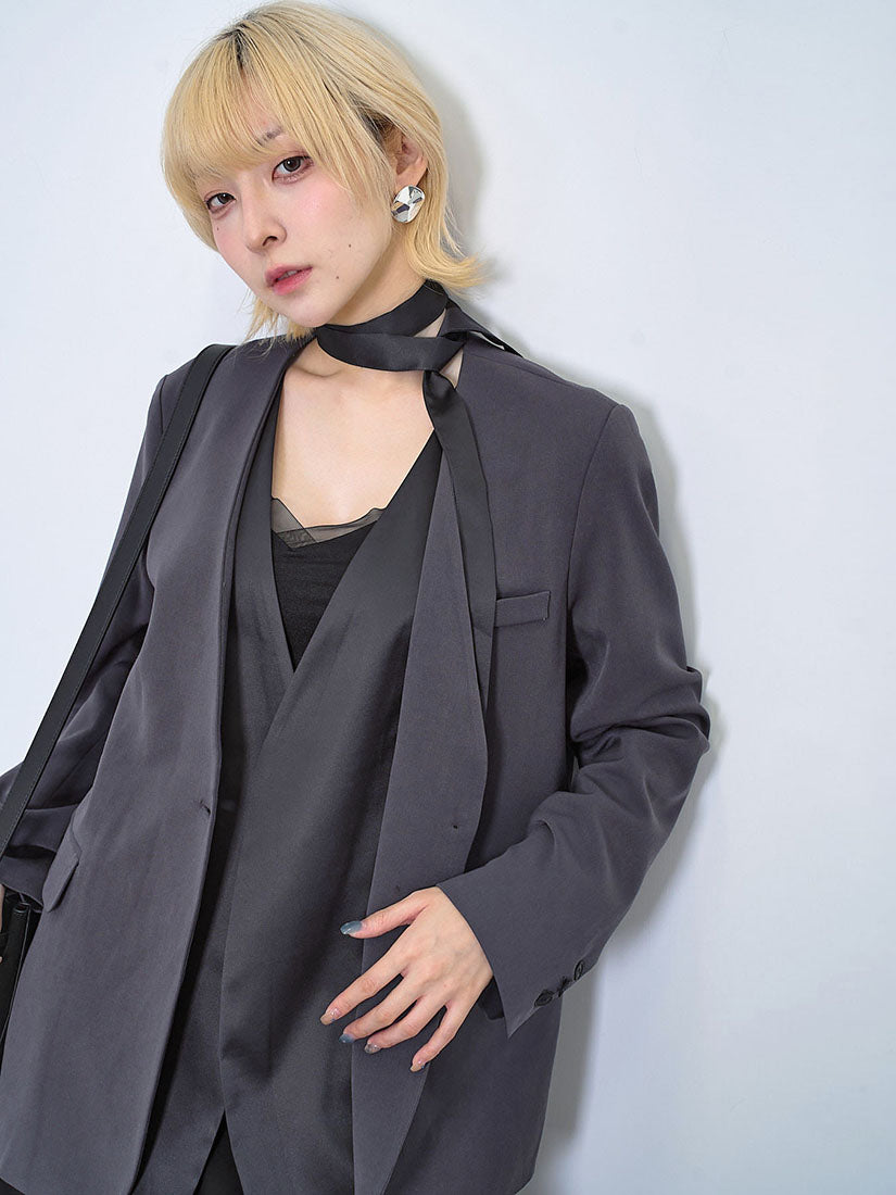 Layered Single Breasted Collarless Blazer With Twilly scarf (2 Colours)