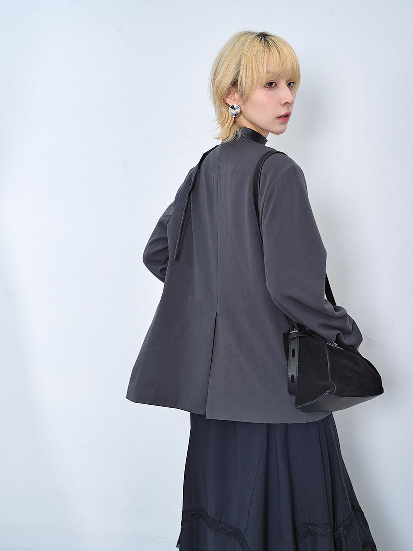 Layered Single Breasted Collarless Blazer With Twilly scarf (2 Colours)