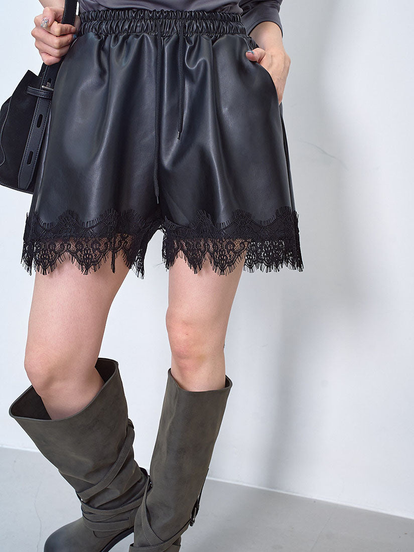 Lace Hem Leather Shorts (2 Colours)