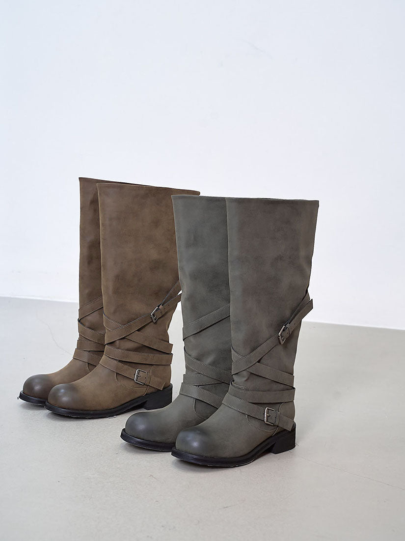 Criss-Cross Strapped Suede-Look Knee High Boots (2 Colours)