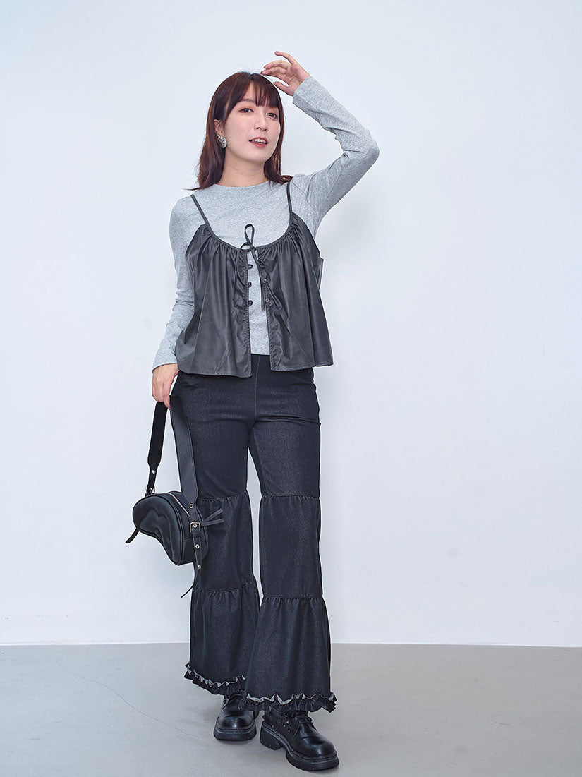 Faux Leather Camisole With Long Sleeve Tee Set (2 Colours)