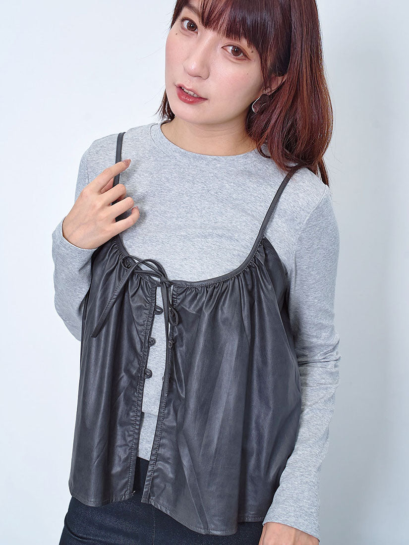 Faux Leather Camisole With Long Sleeve Tee Set (2 Colours)