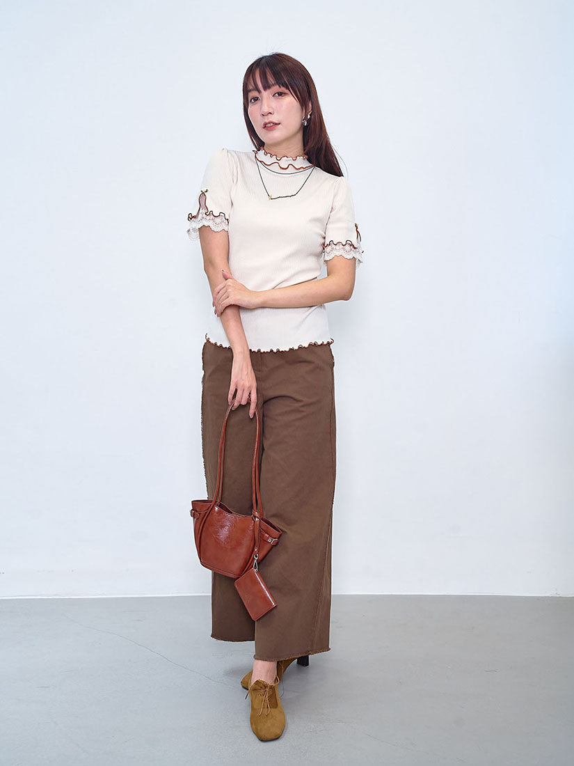 Contrast Lettuce Edge Lace Trim Sleeve Rib Top (2 Colours)