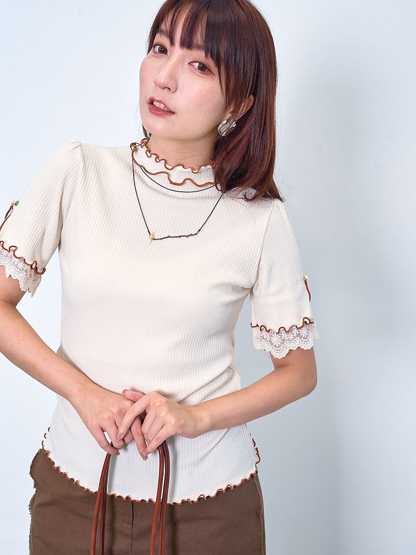 Contrast Lettuce Edge Lace Trim Sleeve Rib Top (2 Colours)