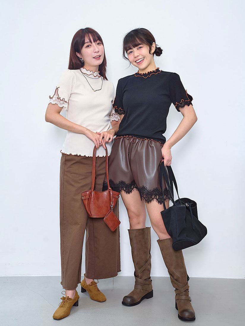 Contrast Lettuce Edge Lace Trim Sleeve Rib Top (2 Colours)
