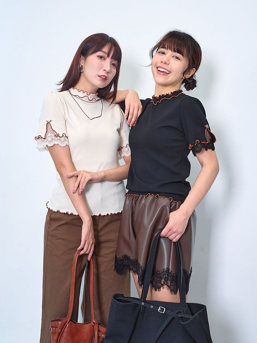 Contrast Lettuce Edge Lace Trim Sleeve Rib Top (2 Colours)